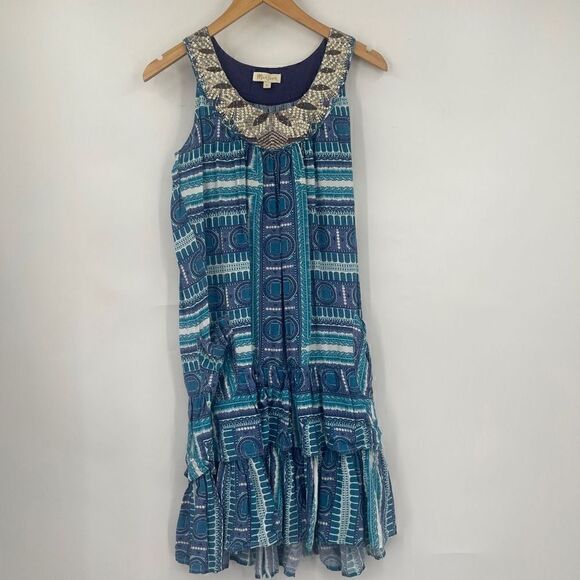 Monsoon Womens Blue Sleeveless Geometric Ruffled Dress Embellished Sequins Small - Picture 1 of 6